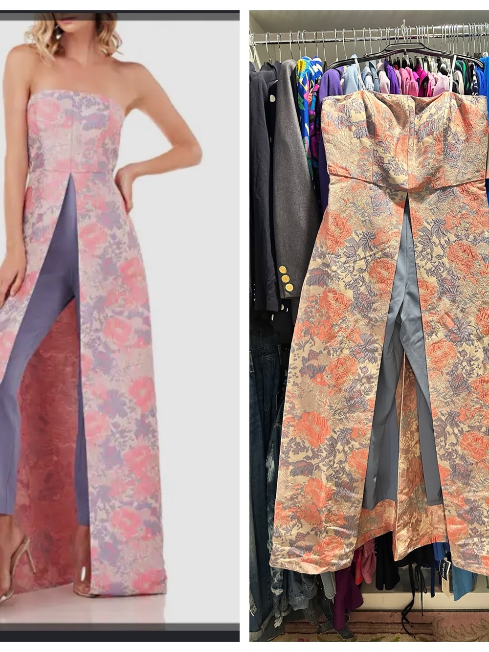 Kay Unger Strapless Floral Brocade Gown in Pink and Lavender